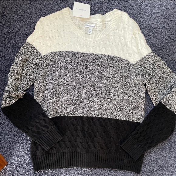 CROFT and Barrow Color Block Sweater Black White Gray Cableknit Petite Large - Picture 1 of 3